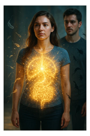 A hyper-realistic, cinematic image showing a young woman with a glowing, radiant aura symbolizing a very strong immune system. She stands confidently, surrounded by a dynamic shield of light particles and molecular energy swirling around her body, especially focused around her abdomen and chest. Against this luminous barrier, faint translucent representations of parasites—small worm-like and protozoan shapes—attempt to approach her but are visibly repelled or disintegrating upon contact with the shield. Nearby, a young man representing her boyfriend is shown with subtle, shadowy parasite silhouettes near him, some reaching toward her but unable to penetrate her immune defenses. The background is softly blurred to keep the focus on the energetic battle at the forefront, with cool blues and warm golds contrasting to symbolize health, vitality, and defense. The lighting is dramatic yet hopeful, with a cinematic 35mm film style emphasizing sharp detail on her determined face and the swirling protective energy. The overall tone conveys resilience, protection, and the unseen battle inside the body. sticker
