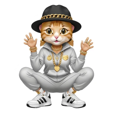 female cat wearing Run DMC hip-hop outfit with tracksuit, fedora, Adidas sneakers, many gold chains, rings, bracelets, flashy earrings, laughing and looking up, no sunglasses sticker