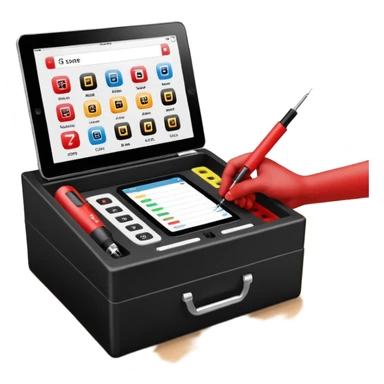 Open professional black testing case on wooden desk. Interior: control panel with colored sockets, USB ports, and power outlet. Inside: a roll of white QR-code calibration stickers. Hand using a red test probe.  sticker