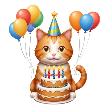 Ginger cat celebrates birthday, birthday hat, birthday cake, balloons, happy sticker