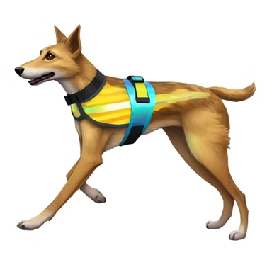  brindle brown black maroon striped lurcher Alsatian fox running blue eyes and iridescent holographic oilslick harness wearing paper iridescent tropical flower crown yellow caution tape sticker