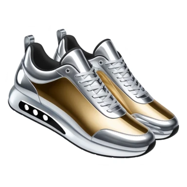 A pair of futuristic sneakers emoji made of silver chrome, sleek streetwear design, smooth metallic panels, subtle reflections, luxury swag aesthetic, iOS emoji style, centered, clean white background sticker