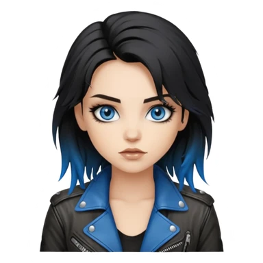 
 rockstar girl with black disheveled hair, blue eyes, Smokey eyes grunge makeup,  sticker