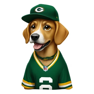 Dog wearing Green Bay packers jersey and hat sticker