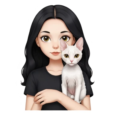 a  girl with black long hair with a white devon rex with black shirt sticker