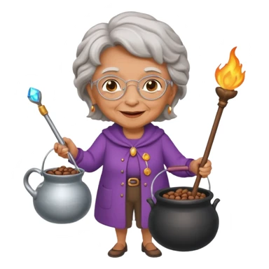 A grandma walking with a magic wand and a cauldron while holding a can of beans sticker