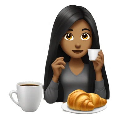 a girl with long black hair drinks coffee and eating a croissant sticker