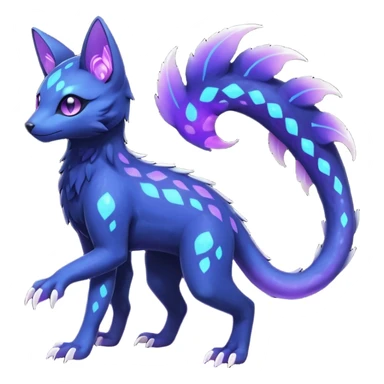 Rare realistic dark-indigo pastel-violet nebulae shiny sparkly dark-neon glowing bioluminescent edgy badass epic pretty beautiful handsome gorgeous aesthetic colorful vibrant Vernid-Trico-species-Fakemon-creature by LiLaiRa, 4 legs, 1 tail, random markings, (full body) sticker