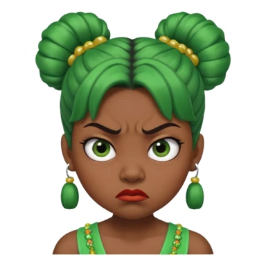 Create a 3D cartoon-style girl character with dark skin, round face, angry expression, big wide eyes, and tightly styled double buns made of green beaded hair. The girl should look irritated, eyebrows sharply angled, and lips pressed in a frown. sticker