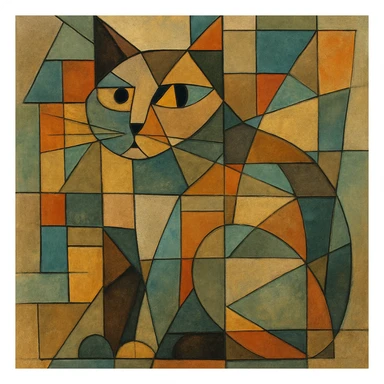 {
  "style_description": {
    "name": "Cubist Abstraction",
    "overall_look": "Deconstructed, multi-perspective abstraction with intersecting geometric planes",
    "composition": {
      "structure": "Fractured and fragmented shapes that overlap and intersect",
      "perspective": "Multiple simultaneous viewpoints, often distorted or rotated",
      "layout": "Asymmetrical, collage-like arrangement of visual elements"
    },
    "geometry": {
      "shapes": ["rectangles", "triangles", "trapezoids", "irregular polygons"],
      "edge_style": "hard, angular lines with minimal curves",
      "dimensionality": "flattened depth with layered planes"
    },
    "color": {
      "palette_type": "muted and earthy tones with occasional vivid accents",
      "application": "flat fills, overlapping transparencies, and color-blocked segments",
      "shading": "minimal or abstract, without realistic gradients"
    },
    "texture": {
      "use": "optional",
      "types": ["paper grain", "brushstroke pattern", "canvas roughness"],
      "purpose": "to evoke an analog, hand-rendered quality"
    },
    "subject_treatment": {
      "representation": "symbolic and abstract rather than literal",
      "distortion": "intentional exaggeration and fragmentation of form",
      "focus_on": ["structure", "form relationships", "compositional rhythm"]
    },
    "background": {
      "style": "integrated with subject forms",
      "purpose": "to emphasize the composition rather than isolate figures"
    },
    "render_constraints": {
      "avoid": ["realistic lighting", "photorealism", "perfect symmetry"],
      "encourage": ["overlapping shapes", "multi-angle views", "abstract composition"]
    }
  }
}

{subject} = cat sticker