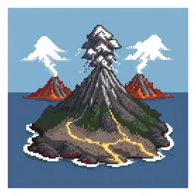 Volcanic island with multiple erupting peaks and ash clouds sticker