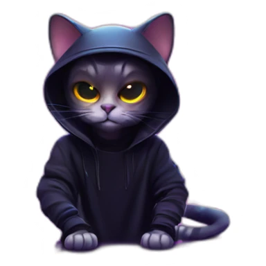 cat wearing a black hoodie with "OMG" letters on it and VR headset in a cyberpunk VR environment with violet neon lighting. sticker