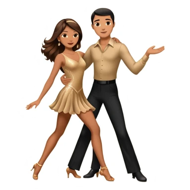Photorealistic dancesport professional latin couple dancing the rumba at the competition dancefloor, the women is in skinny sparkly dress, the women has brown very long hair, the man has short black hair, the man hold woman's hand by his one hand and his second hand is on the women's waist  sticker