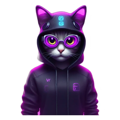 funny cat wearing a black hoodie with "OMG" letters on it and VR headset in a cyberpunk VR environment with violet neon lighting. sticker