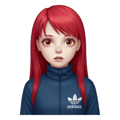 Crie um emoji de uma menina com bochecha gordinha com o cabelo vermelho longo com uma franja reta zumbi casaco de gola alta da adidas sticker