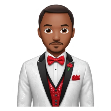Anthony Mackie with dark brown hair, red shirt, white sequin suit jacket with bow tie sticker