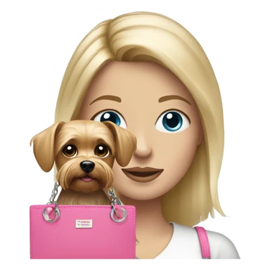 White woman with blonde hair and blue eyes holding pink purse and yorkie dog  sticker