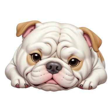 Cinematic Meme-Worthy Chubby Sleeping White English Bulldog Portrait Emoji, Head resting peacefully with a contented smile, showcasing a delightfully chubby build and a luxuriously soft pure white coat, eyes shut in a serene nap, Simplified yet hilariously adorable features, highly detailed, glowing with a soft, drowsy light, high shine, relaxed and utterly lovable, stylized with an air of playful laziness, bright and heartwarming, soft glowing outline, capturing the essence of a comically sleepy guardian, so meme-worthy it feels like it could instantly become the next viral sensation of adorable slumber! sticker