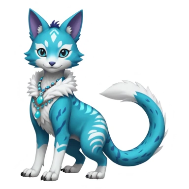 Kawaii cute Indigo Turquoise Grey beautiful pretty elegant divine edgy feline-vernid-sergal-Fakémon-Pokémon-Digimon-fursona-animal-creature, full body, with intricate detailed markings, silken shawl, decorative anklets sticker