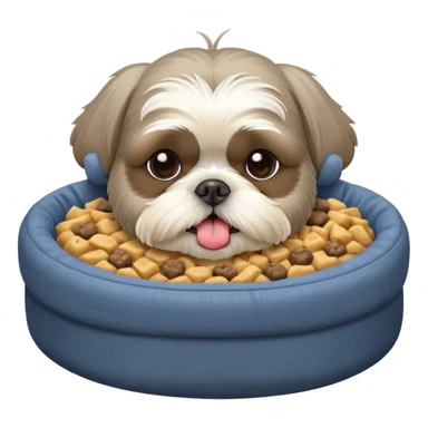old ALL grey shih tzu in dog bed with bowl of food tongue hanging out sticker