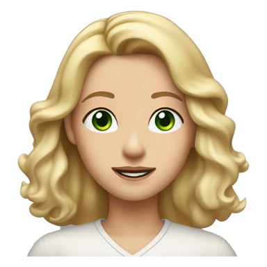 A woman with shoulder-length, wavy blonde hair, green eyes, and fair skin. She is wearing a light-colored shirt and has a neutral to slightly smiling expression. She wears two earrings at the top of her right ear and one earring in each ear. sticker