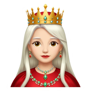 Queen with long white hair – jeweled golden crown, red dress. sticker