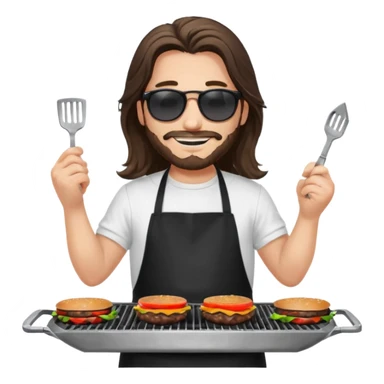 long hair man grilling wearing shade smiling in a white tshirt and a black apron grilling burger and meat on a sizzling grill sticker
