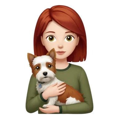 Westhighland white terrier dog being held by woman with dark shoulder length red hair and hazel eye wearing olive green top sticker