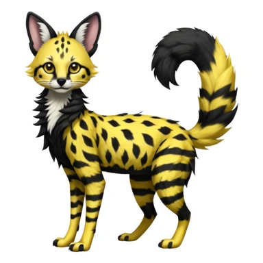 Edgy cool beautiful elegant spotted hype-realistic, black-maned, vibrant yellow Genet-Serval-Sergal-Margay-Fox-fusion-hybrid-furry-fursona, black scruffy mane on back, long muzzle snout, full body, with a long puffy fluffy black-and-white-striped tail, black long big ears, with natural blue eyes sticker