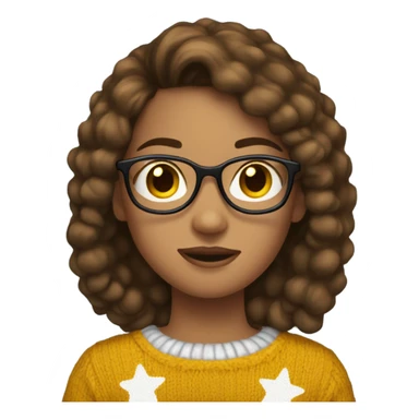 A girl brown hair glasses baggy jeans and a christmas sweater with a little yellow star between two eyebrows sticker