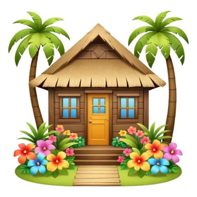 Hawaiian beach house, small tropical house, wooden walls, thatched roof, colorful flowers, palm trees, cute mobile game icon, 3D cartoon, bright colors, soft shadows, clean background, no text, no watermark sticker
