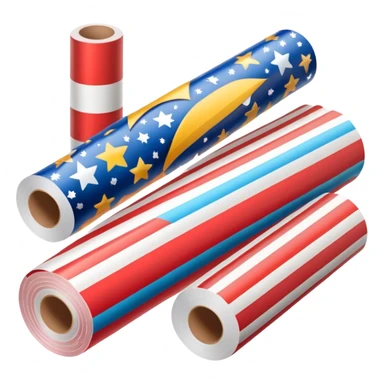 long cylindrical roll of glossy wrapping paper, partially unrolled, colorful pattern with stars, stripes, festive motifs, smooth reflective finish, crisp edges, visible cardboard tube at center, no scissors tape or ribbon, apple emoji style, soft lighting, subtle shadows, emoji scale sticker