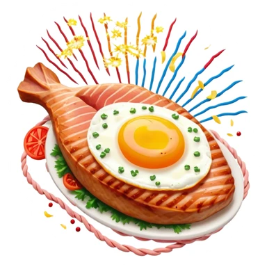 Protein party explosion with chicken breast, red meat steak, salmon fillet, and egg bursting upward from center like fireworks, with the largest chicken piece in front, DNA strands spiraling around them, and muscle silhouette in background sticker