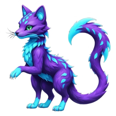Kawaii dark edgy badass black and purple glowing neon bioluminescent fantasy feline-vernid-sergal-fursona animal creature with a tufted tail full body with intricate markings  sticker