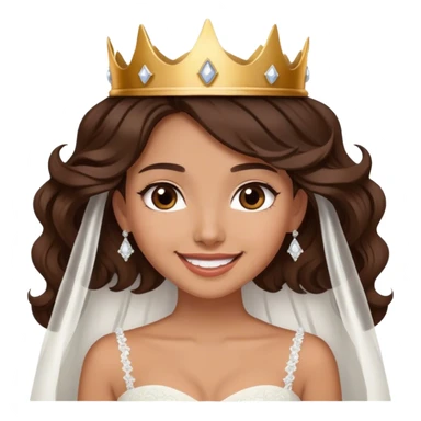 Tan, Dark Brown haired girl, long Hollywood wave hair, in white wedding dress wearing crown and smiling sticker