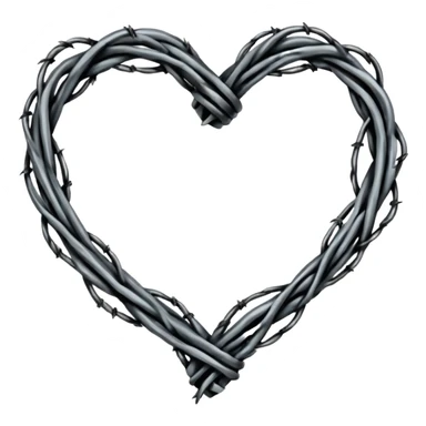 Minimal black line art heart made from barbed wire, hand-drawn sketch look, uneven ink strokes, 6–7 barbs with twisted knots, simple clean outline, centered on plain white background, high contrast sticker