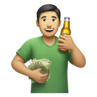 Asian man happily taking money and giving beer sticker
