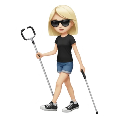 A blonde girl wearing black sunglasses, walking with black and white converse shoes on holding a white cane for for the Blind in one hand and a knife with a red handle and a black blade in the other ￼ sticker