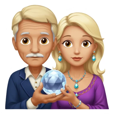 Elderly male cleanshaven gypsy with earrings and blonde female gypsy holding a crystal ball sticker