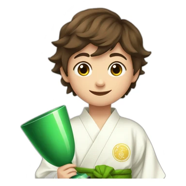 a 12-year-old boy with brown hair in a white kimono with a green belt holds a prize cup with two hands sticker