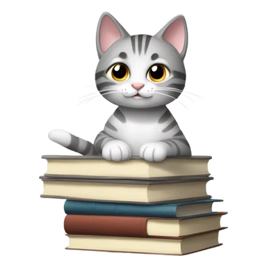 A minimalistic emoji-tstyle illustration of a grey tabby cat with white paws and chest, sitting on a stack of books and papers. The cat looks to the side with perked ears, and its tail extends slightly off the surface. The background is simple and neutral, with a hint of a window or curtain for context. sticker