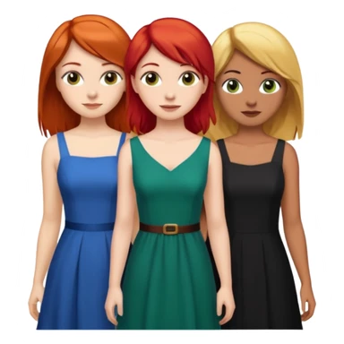 Can you create an image of 3 friends together one with red bright hair light skin one the other with brown hair with some blonde highlights in the hair fair skin the last one with light brown a tint of orange hair and black long hair with brown with dresses sticker