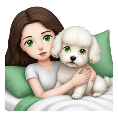 Brunette Long hair girl with green eyes sick in bed by herself with single white bichon frise dog sticker