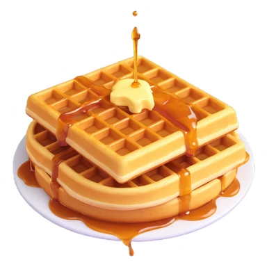 Keep the 3D emoji style golden waffle with grid pattern, melting butter, and evenly drizzled maple syrup. Apply soft lighting and minimal shadows. Make the background fully transparent. sticker