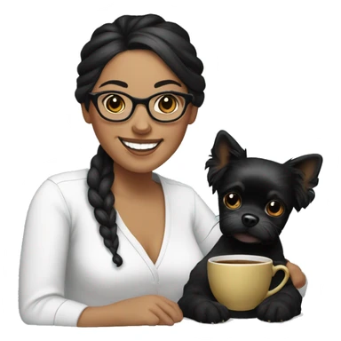 woman-black hair-bun-with glasses-with black teacup dog-white-smile sticker