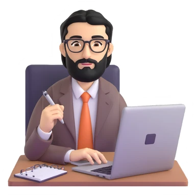 middle eastern businessman with medium length black beard, black hair, thick unibrow, elongated nose, tan skin, brown eyes, glasses, in business casual outfit, working on a notebook computer sticker