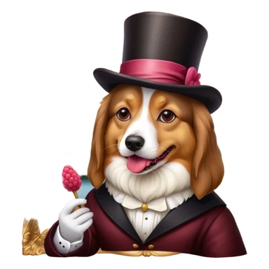Dog eating 2 pieces of raspberry licorice wearing a top hat while painting the Mona Lisa sticker