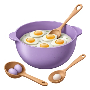 a lilac ceramic mixing bowl with a wooden spoon stirring and sitting next to it is a dozen eggs with the carton lid open sticker
