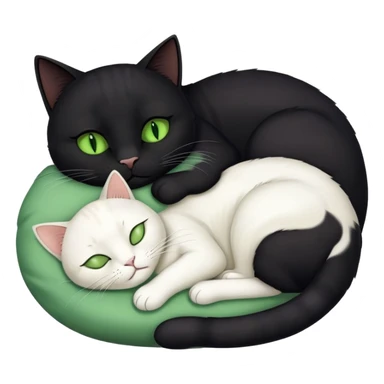 Big black cat with green eyes is sleeping with a small white cat sticker