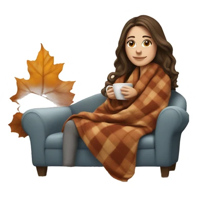 Brunette white girl covered in blanket autumn vibe sitting on a cozy chair holding coffee sticker